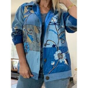 Indigo Moon Embroidered Patchwork Jacket Blue Floral Boho Art To Wear Size S